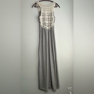 Promesa Thin Black & White Horizontal Stripes and Crochet Lace Maxi Dress S